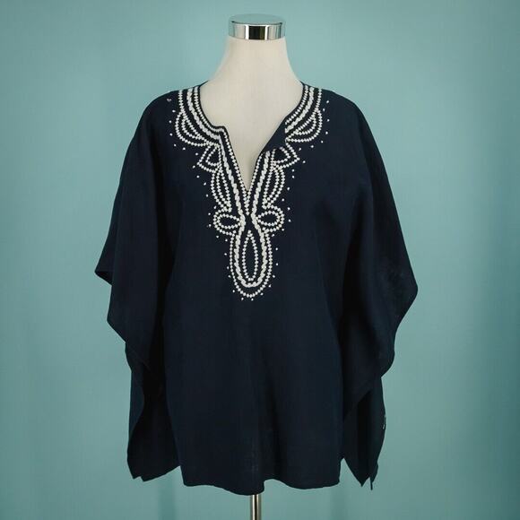 Talbots Size Large L Navy Blue White Embroidered Split V Neck Short Sleeve Top - Picture 1 of 5